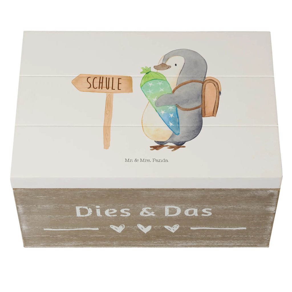 Holzkiste Pinguin Schultüte Holzkiste, Kiste, Schatzkiste, Truhe, Schatulle, XXL, Erinnerungsbox, Erinnerungskiste, Dekokiste, Aufbewahrungsbox, Geschenkbox, Geschenkdose, Pinguin, Schulanfänger, Einschulung, 1. Klasse, Geschenk zur Einschulung, erster Schultag, Schulranzen