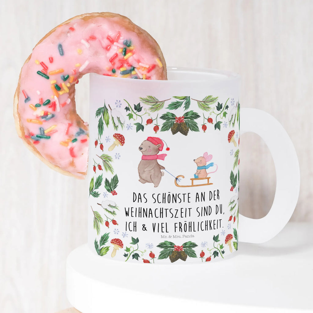 Teetasse Bär Maus Schlitten Teetasse, Teeglas, Teebecher, Tasse mit Henkel, Tasse, Glas Teetasse, Teetasse aus Glas, Winter, Weihnachten, Weihnachtsdeko, Nikolaus, Advent, Heiligabend, Wintermotiv