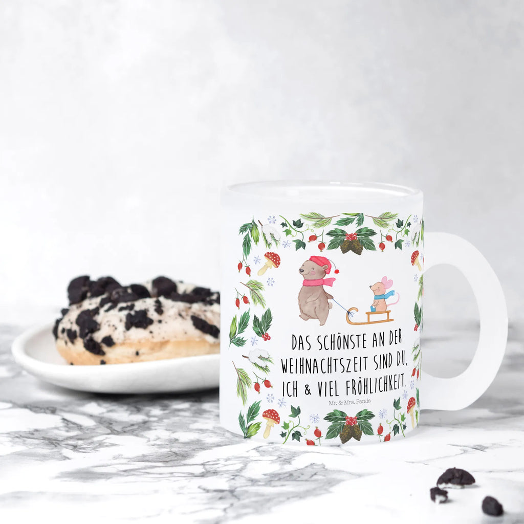 Teetasse Bär Maus Schlitten Teetasse, Teeglas, Teebecher, Tasse mit Henkel, Tasse, Glas Teetasse, Teetasse aus Glas, Winter, Weihnachten, Weihnachtsdeko, Nikolaus, Advent, Heiligabend, Wintermotiv