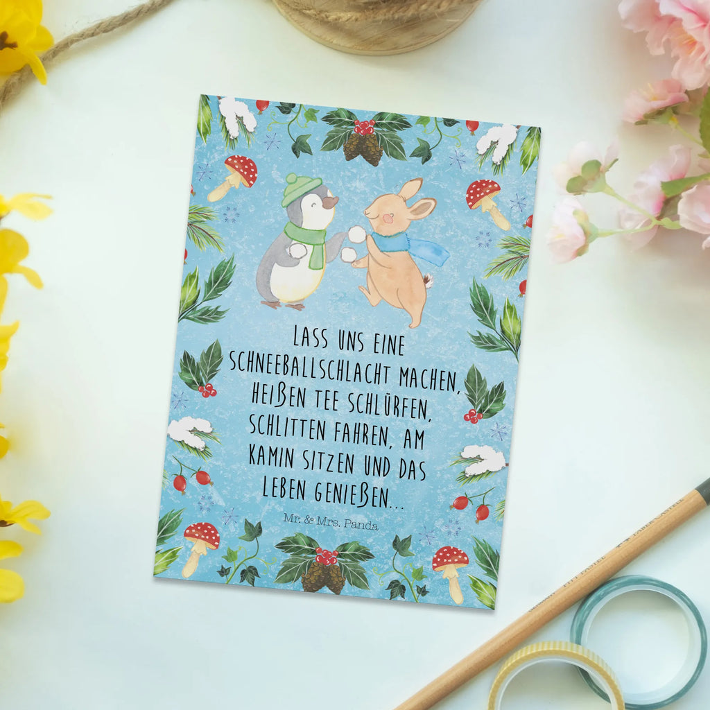 Postkarte Pinguin Hase Schneeballschlacht Postkarte, Karte, Geschenkkarte, Grußkarte, Einladung, Ansichtskarte, Geburtstagskarte, Einladungskarte, Dankeskarte, Ansichtskarten, Einladung Geburtstag, Einladungskarten Geburtstag, Winter, Weihnachten, Weihnachtsdeko, Nikolaus, Advent, Heiligabend, Wintermotiv