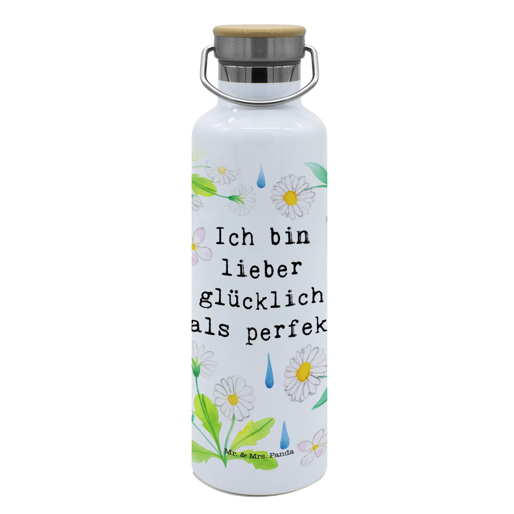 Trinkflasche Lieber glücklich als perfekt Thermosflasche, Isolierflasche, Edelstahl, Trinkflasche, isoliert, Wamrhaltefunktion, Sportflasche, Flasche zum Sport, Sportlerflasche, Blumen Deko, Frühlings Deko, Sommer Deko, Dekoration, positive Botschaft, Naturliebhaber, Outdoor, Natur, Abenteuer