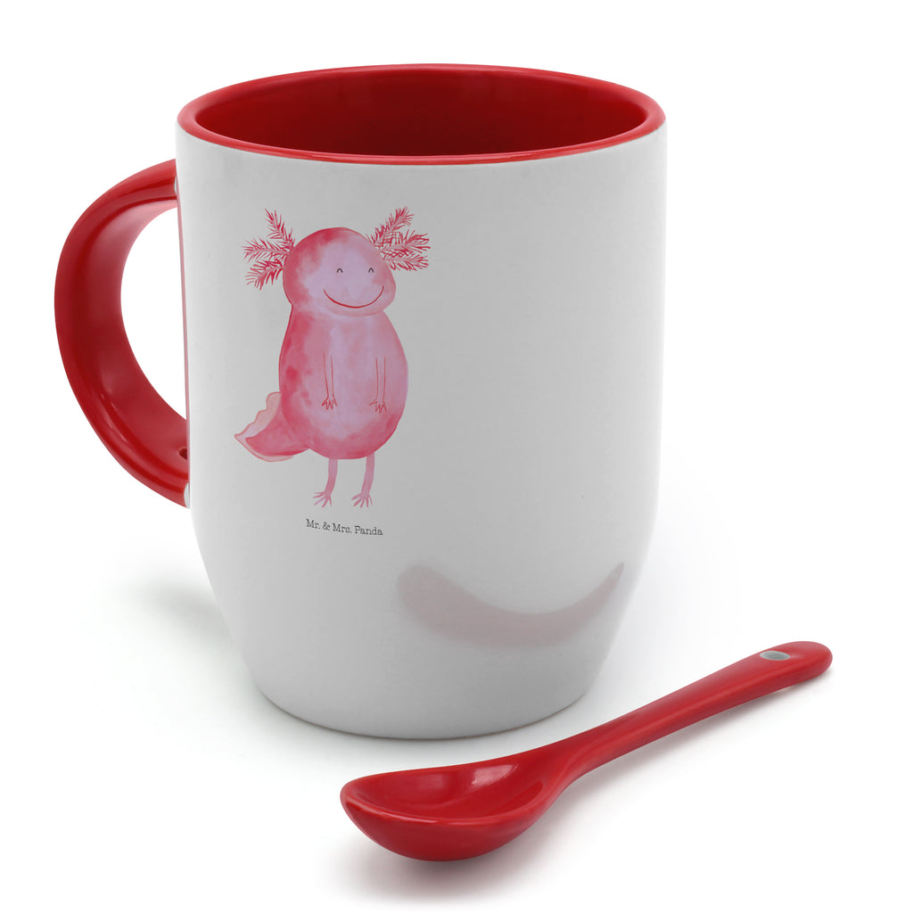 Tasse mit Löffel Axolotl glücklich Tasse, Kaffeetasse, Tassen, Tasse mit Spruch, Kaffeebecher, Tasse mit Löffel, Axolotl, Molch, Axolot, Schwanzlurch, Lurch, Lurche, Motivation, gute Laune