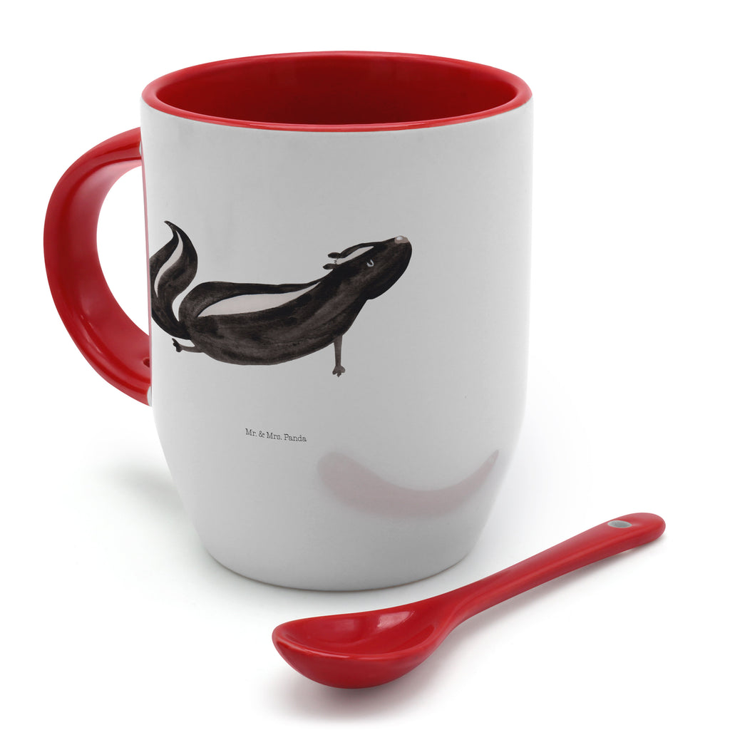 Tasse mit Löffel Stinktier Yoga Tasse, Kaffeetasse, Tassen, Tasse mit Spruch, Kaffeebecher, Tasse mit Löffel, Stinktier, Skunk, Wildtier, Raubtier, Stinker, Stinki, Yoga, Namaste, Lebe, Liebe, Lache