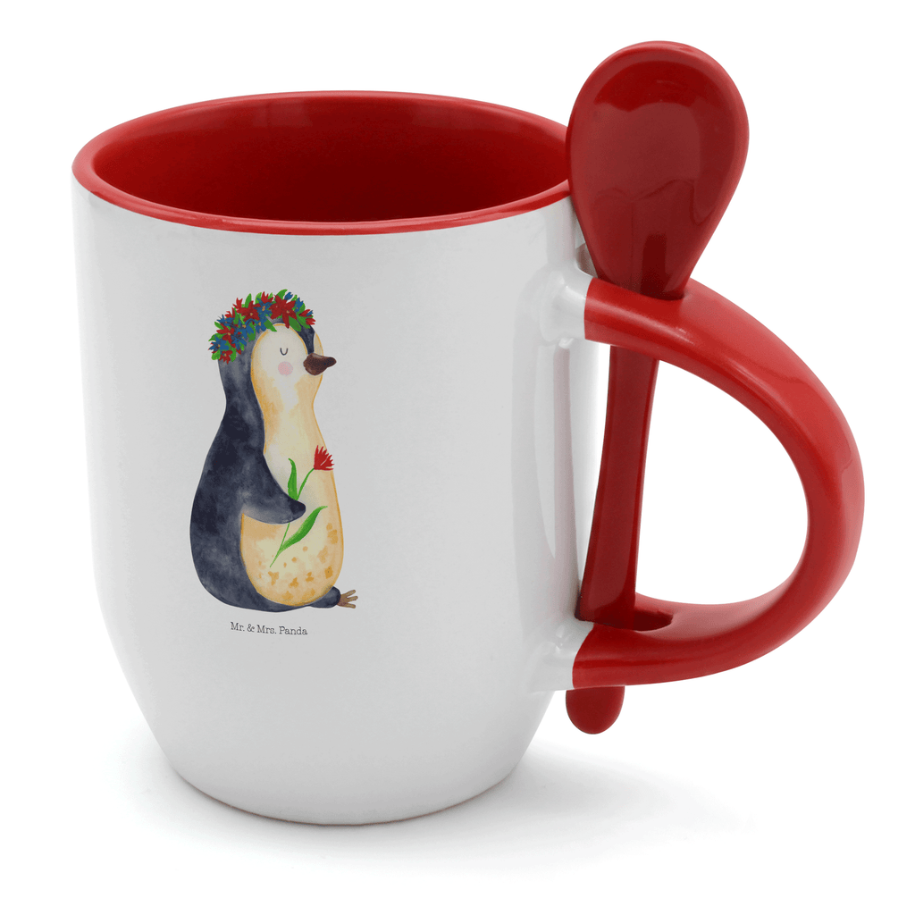 Tasse mit Löffel Pinguin Blumenkranz Tasse, Kaffeetasse, Tassen, Tasse mit Spruch, Kaffeebecher, Tasse mit Löffel, Pinguin, Pinguine, Blumenkranz, Universum, Leben, Wünsche, Ziele, Lebensziele, Motivation, Lebenslust, Liebeskummer, Geschenkidee