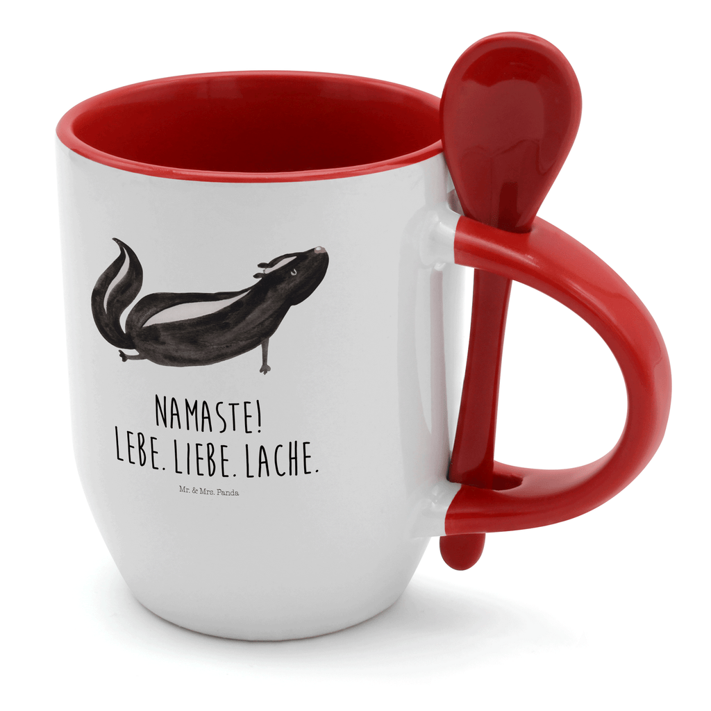 Tasse mit Löffel Stinktier Yoga Tasse, Kaffeetasse, Tassen, Tasse mit Spruch, Kaffeebecher, Tasse mit Löffel, Stinktier, Skunk, Wildtier, Raubtier, Stinker, Stinki, Yoga, Namaste, Lebe, Liebe, Lache