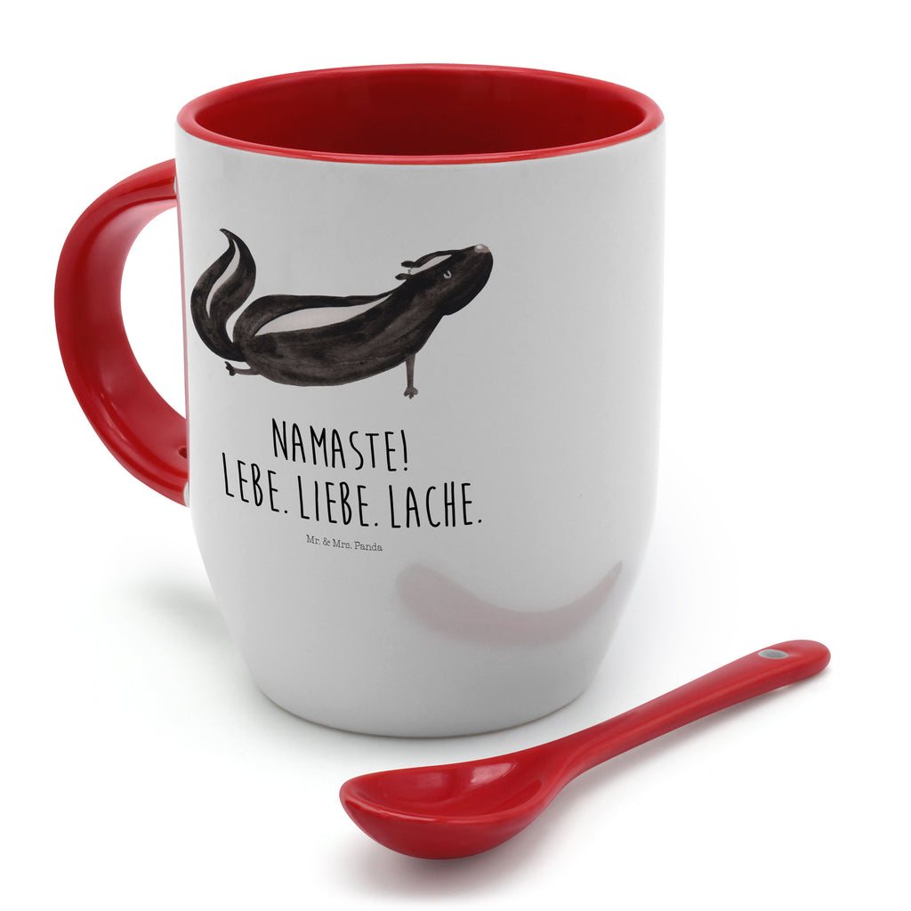 Tasse mit Löffel Stinktier Yoga Tasse, Kaffeetasse, Tassen, Tasse mit Spruch, Kaffeebecher, Tasse mit Löffel, Stinktier, Skunk, Wildtier, Raubtier, Stinker, Stinki, Yoga, Namaste, Lebe, Liebe, Lache