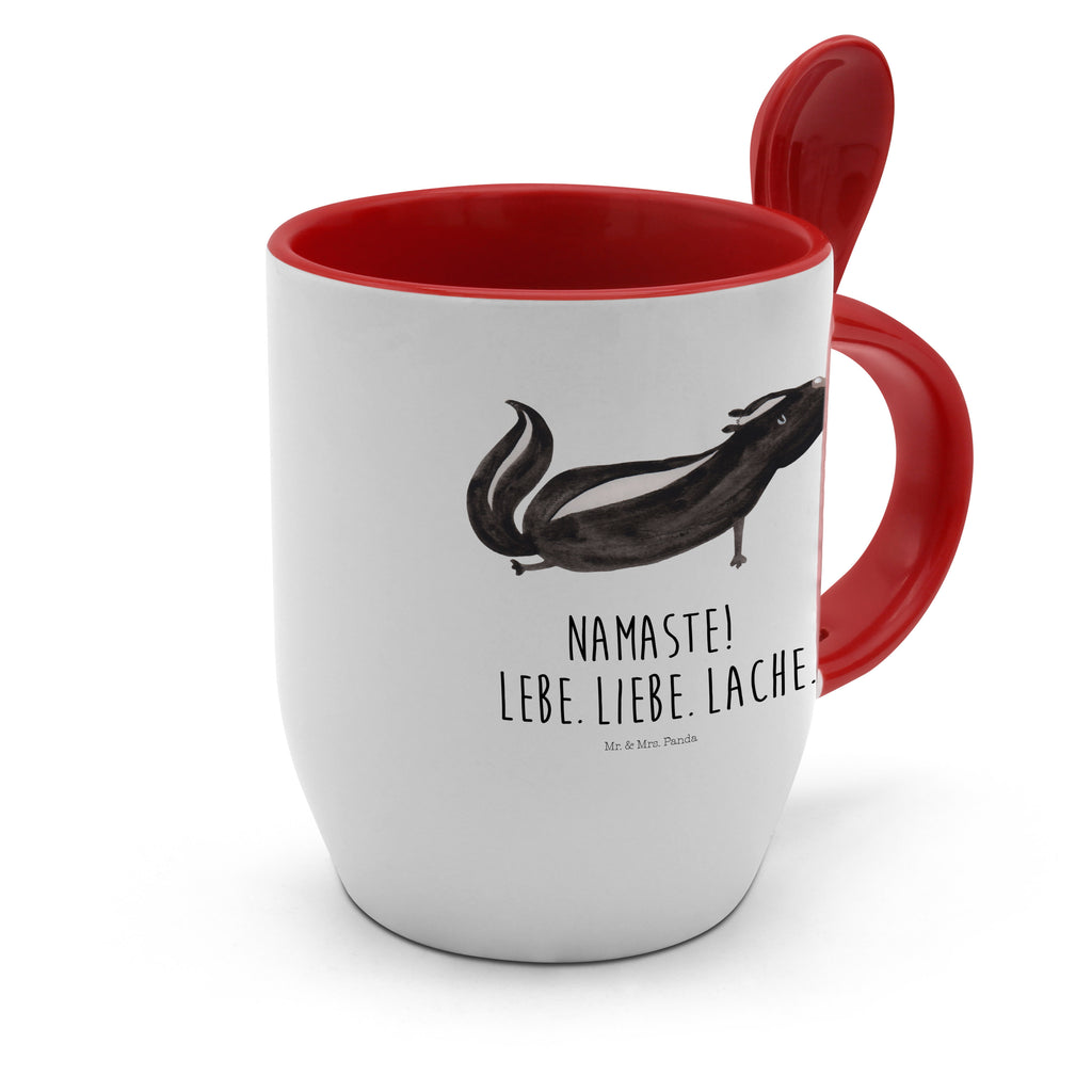 Tasse mit Löffel Stinktier Yoga Tasse, Kaffeetasse, Tassen, Tasse mit Spruch, Kaffeebecher, Tasse mit Löffel, Stinktier, Skunk, Wildtier, Raubtier, Stinker, Stinki, Yoga, Namaste, Lebe, Liebe, Lache