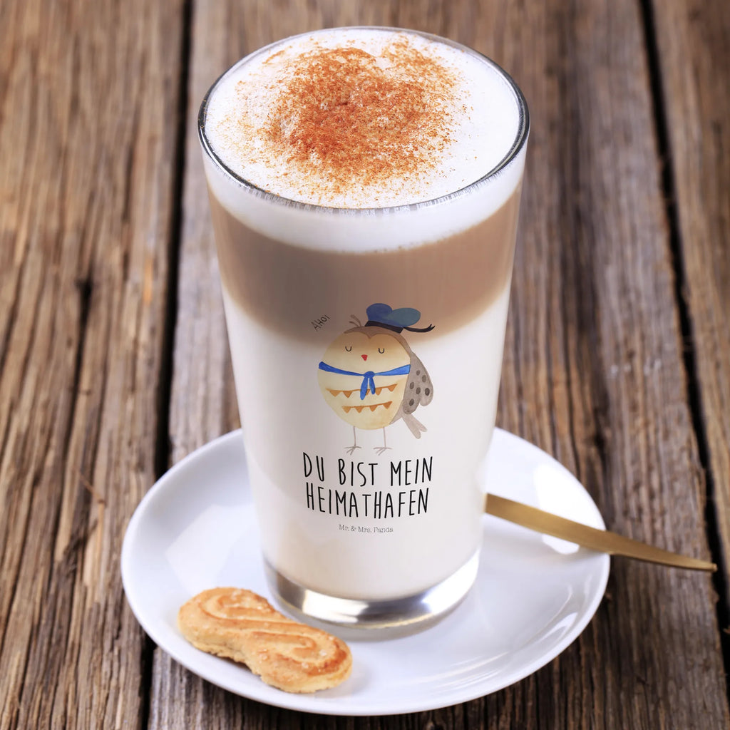 Glas Eule Matrosen Cappuccino Glas, Glas, Cappuccino Tasse, Latte Macchiato, Eule, Eule Spruch, Eule Deko, Owl, Wortspiel lustig, Matrose, Freundin, Ehe, Seefahrer, Heimathafen, Hochzeitstag Geschenk