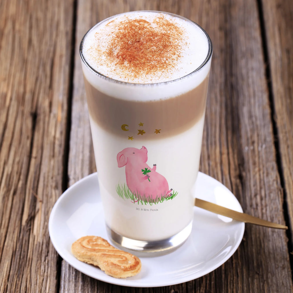 Glas Glücksschwein Cappuccino Glas, Glas, Cappuccino Tasse, Latte Macchiato, Tiermotive, Gute Laune, lustige Sprüche, Tiere, Glücksschwein. Glück, Schwein, Schweinchen, Sterne, Sernchen, Ziele, Träume, Motivation, Glücksbringer