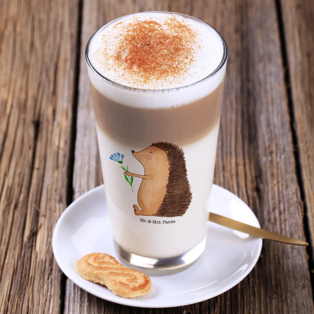 Glas Igel mit Blume Cappuccino Glas, Glas, Cappuccino Tasse, Latte Macchiato, Tiermotive, Gute Laune, lustige Sprüche, Tiere, Igel, Gute Besserung, Genesungswünsche, Krankheit, Krankenhaus, krank, Besuch