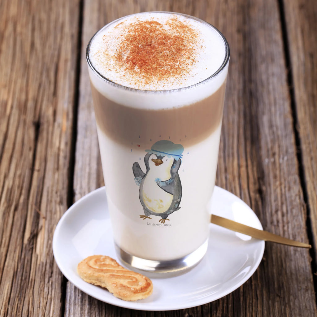 Glas Pinguin duscht Cappuccino Glas, Glas, Cappuccino Tasse, Latte Macchiato, Pinguin, Pinguine, Dusche, duschen, Lebensmotto, Motivation, Neustart, Neuanfang, glücklich sein