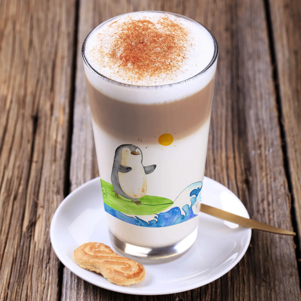 Glas Pinguin Surfer Cappuccino Glas, Glas, Cappuccino Tasse, Latte Macchiato, Pinguin, Pinguine, surfen, Surfer, Hawaii, Urlaub, Wellen, Wellen reiten, Portugal