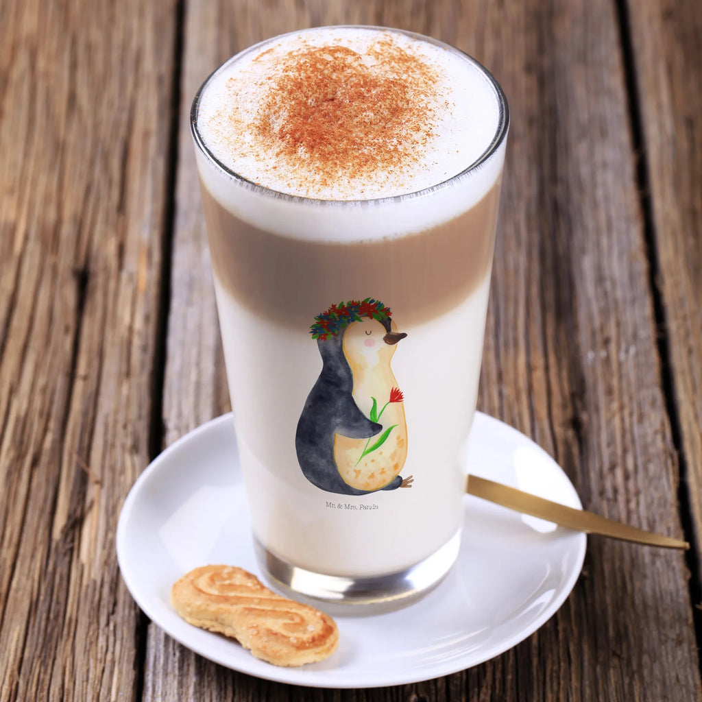 Glas Pinguin Blumenkranz Cappuccino Glas, Glas, Cappuccino Tasse, Latte Macchiato, Pinguin, Pinguine, Blumenkranz, Universum, Leben, Wünsche, Ziele, Lebensziele, Motivation, Lebenslust, Liebeskummer, Geschenkidee