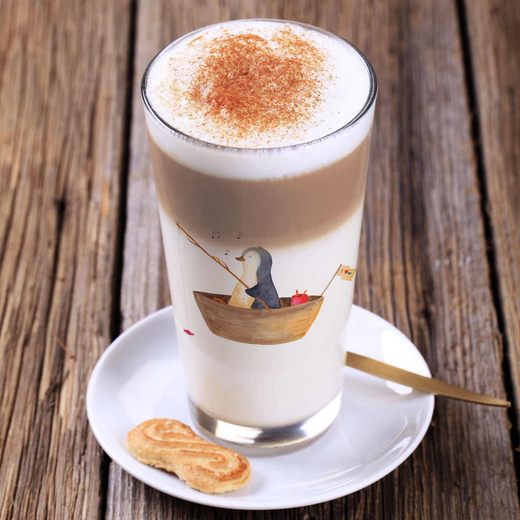 Glas Pinguin Angelboot Cappuccino Glas, Glas, Cappuccino Tasse, Latte Macchiato, Pinguin, Pinguine, Angeln, Boot, Angelboot, Lebenslust, Leben, genießen, Motivation, Neustart, Neuanfang, Trennung, Scheidung, Geschenkidee Liebeskummer