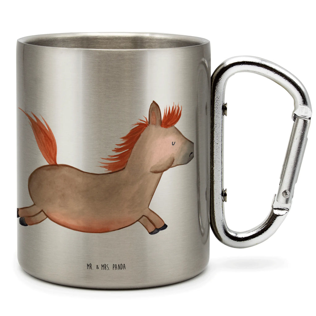 Edelstahlbecher Pferd springt Edelstahltasse, Karabiner, Edelstahlbecher, Outdoor, Camping, Tasse, Becher, Bauernhof, Hoftiere, Landwirt, Landwirtin, Pferd, Pony, Pferde, Stall, Pferdestall, ausreiten, reiten, Pferdebesitzer