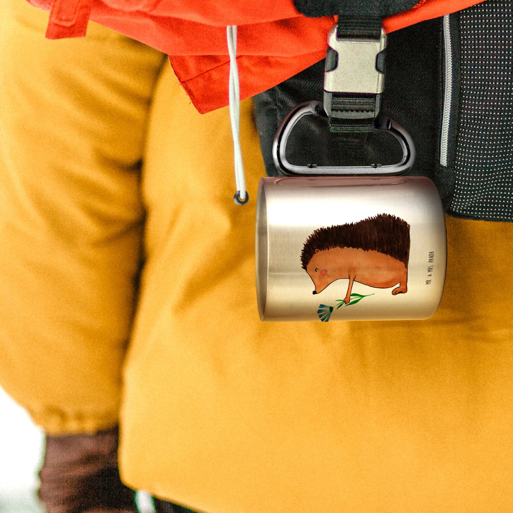 Edelstahlbecher Igel mit Blume Edelstahltasse, Karabiner, Edelstahlbecher, Outdoor, Camping, Tasse, Becher, Tiermotive, Gute Laune, lustige Sprüche, Tiere, Igel, Gute Besserung, Genesungswünsche, Krankheit, Krankenhaus, krank, Besuch