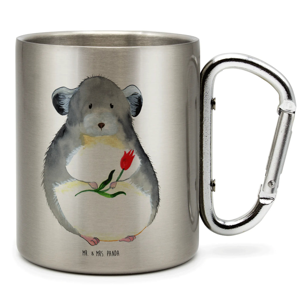 Edelstahlbecher Chinchilla mit Blume Edelstahltasse, Karabiner, Edelstahlbecher, Outdoor, Camping, Tasse, Becher, Tiermotive, Gute Laune, lustige Sprüche, Tiere, Chinchilla, Chinchillas, Liebeskummer, Kummer, Depressionen, traurig sein, Chaos, Glücklichsein, Büro, Büroalltag