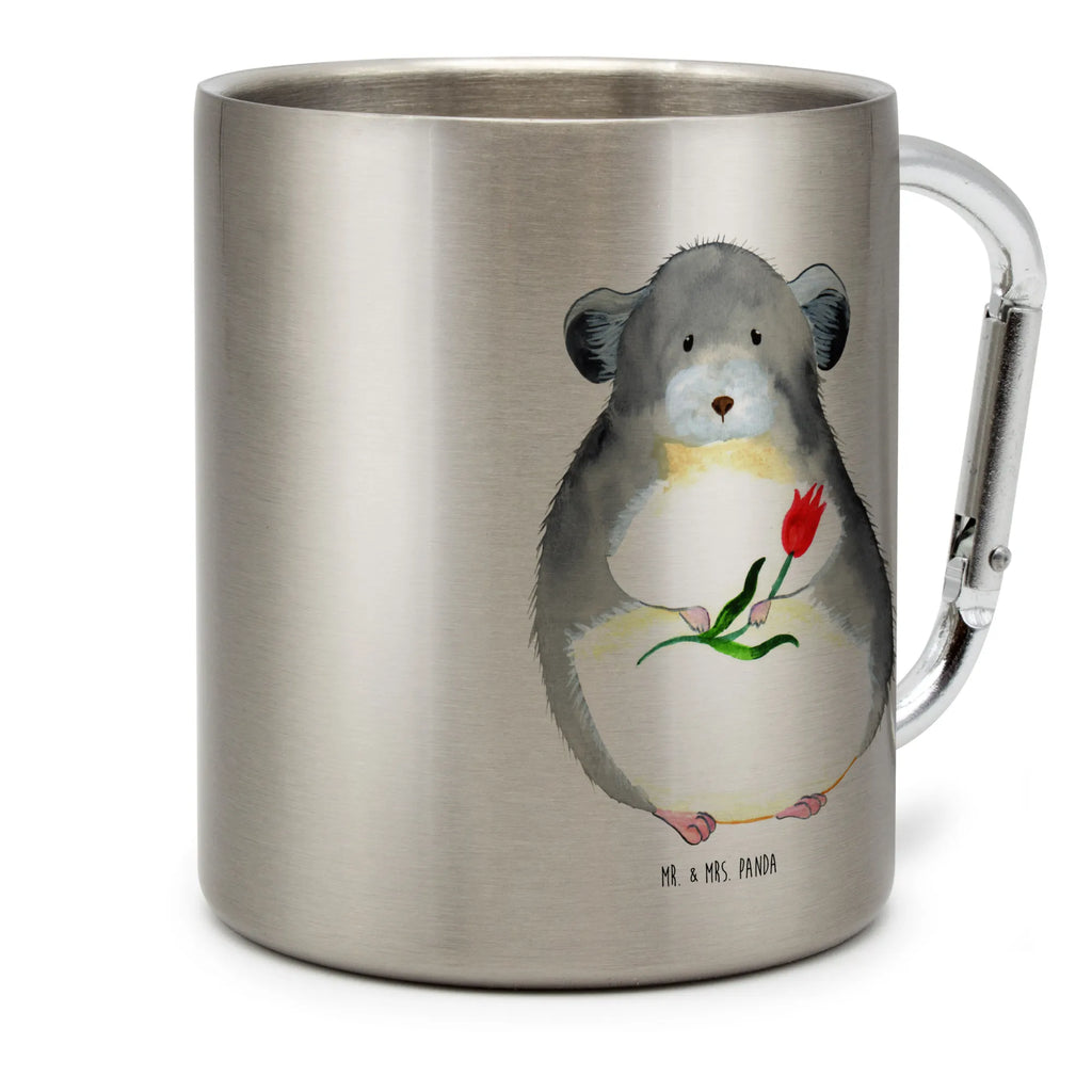 Edelstahlbecher Chinchilla mit Blume Edelstahltasse, Karabiner, Edelstahlbecher, Outdoor, Camping, Tasse, Becher, Tiermotive, Gute Laune, lustige Sprüche, Tiere, Chinchilla, Chinchillas, Liebeskummer, Kummer, Depressionen, traurig sein, Chaos, Glücklichsein, Büro, Büroalltag