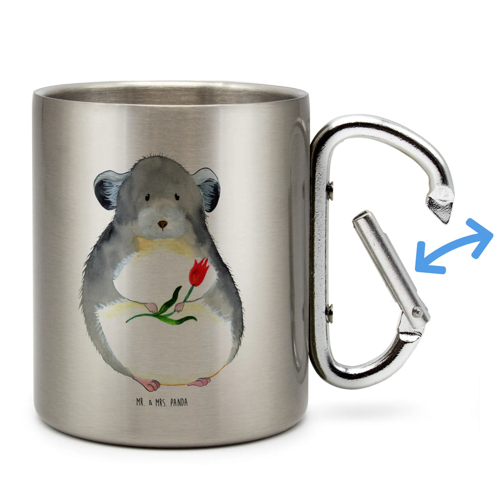 Edelstahlbecher Chinchilla mit Blume Edelstahltasse, Karabiner, Edelstahlbecher, Outdoor, Camping, Tasse, Becher, Tiermotive, Gute Laune, lustige Sprüche, Tiere, Chinchilla, Chinchillas, Liebeskummer, Kummer, Depressionen, traurig sein, Chaos, Glücklichsein, Büro, Büroalltag