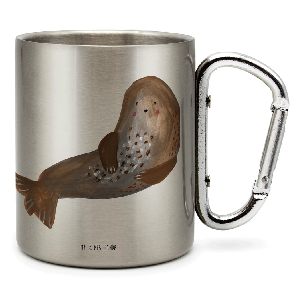 Edelstahlbecher Robbe lachend Edelstahltasse, Karabiner, Edelstahlbecher, Outdoor, Camping, Tasse, Becher, Tiermotive, Gute Laune, lustige Sprüche, Tiere, Robbe, Robben, Seehund, Strand, Meerestier, Ostsee, Nordsee