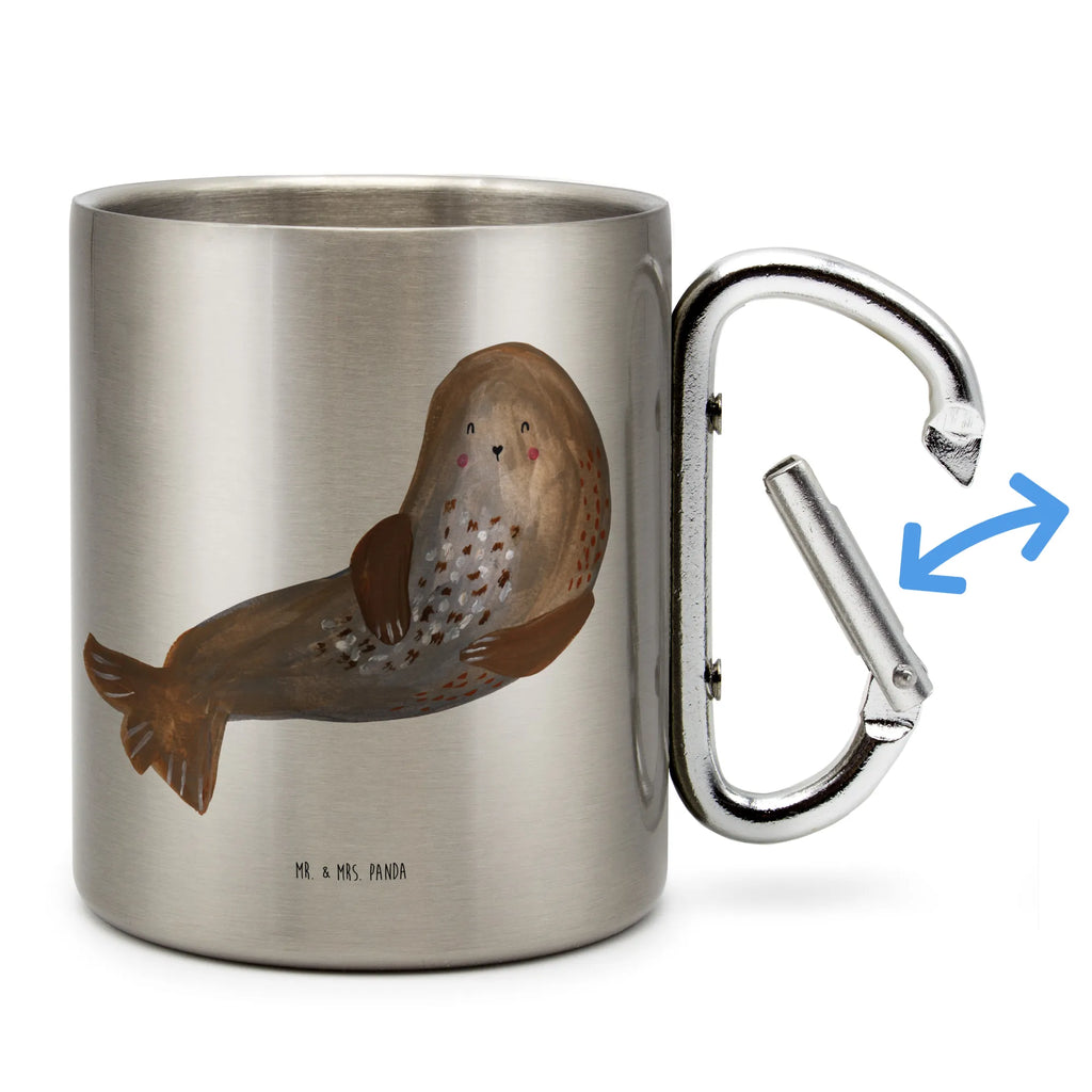 Edelstahlbecher Robbe lachend Edelstahltasse, Karabiner, Edelstahlbecher, Outdoor, Camping, Tasse, Becher, Tiermotive, Gute Laune, lustige Sprüche, Tiere, Robbe, Robben, Seehund, Strand, Meerestier, Ostsee, Nordsee