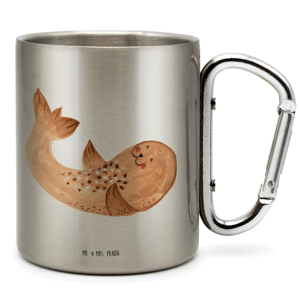 Edelstahlbecher Robbe liegend Edelstahltasse, Karabiner, Edelstahlbecher, Outdoor, Camping, Tasse, Becher, Tiermotive, Gute Laune, lustige Sprüche, Tiere, Robbe, Robben, Seehund, Strand, Meerestier, Ostsee, Nordsee, Lachen, Freude