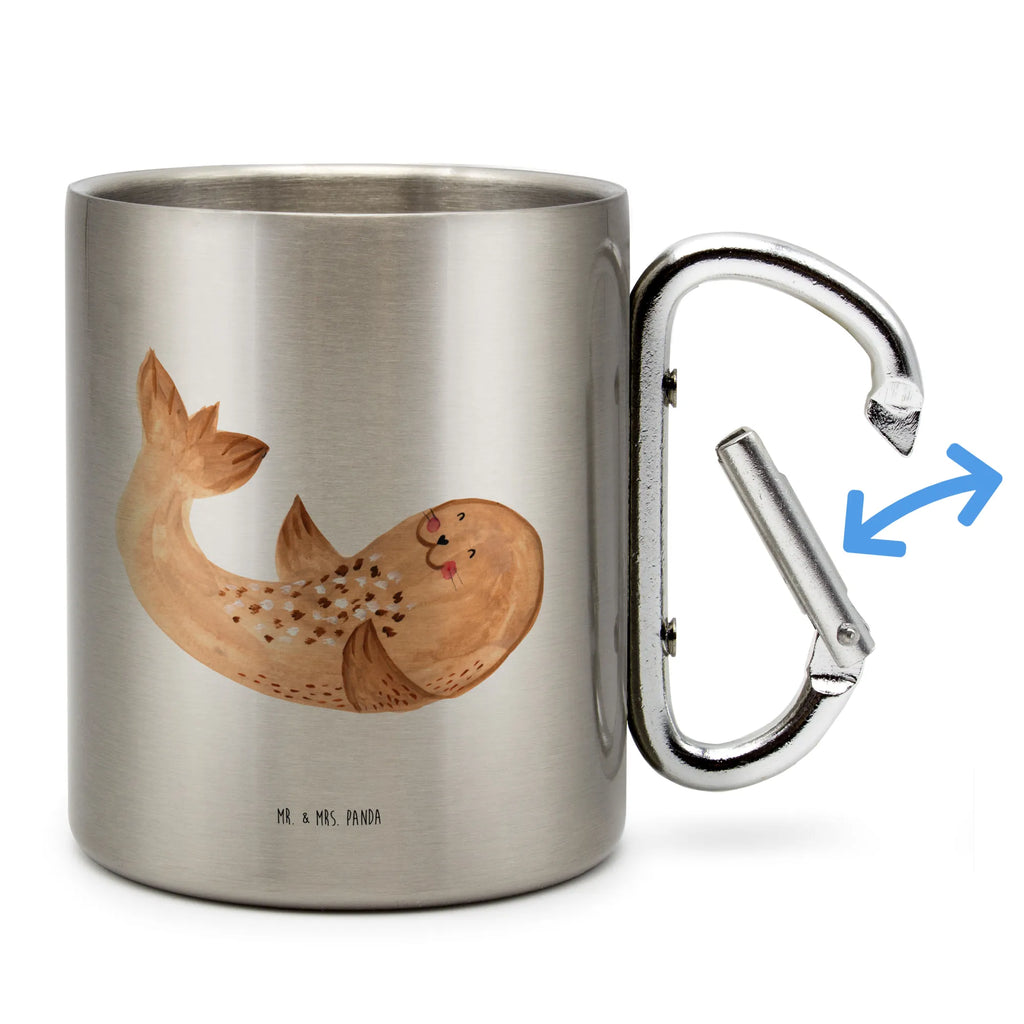 Edelstahlbecher Robbe liegend Edelstahltasse, Karabiner, Edelstahlbecher, Outdoor, Camping, Tasse, Becher, Tiermotive, Gute Laune, lustige Sprüche, Tiere, Robbe, Robben, Seehund, Strand, Meerestier, Ostsee, Nordsee, Lachen, Freude