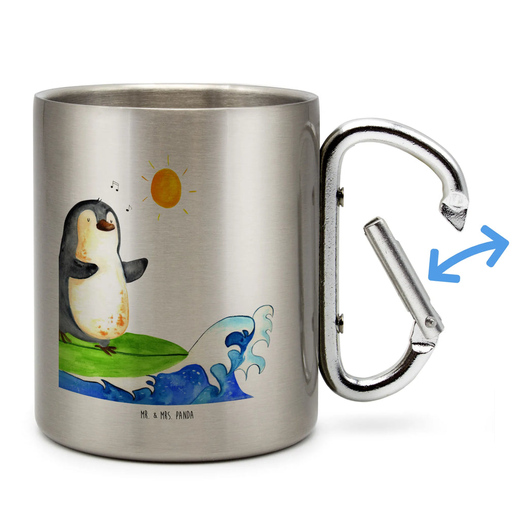 Edelstahlbecher Pinguin Surfer Edelstahltasse, Karabiner, Edelstahlbecher, Outdoor, Camping, Tasse, Becher, Pinguin, Pinguine, surfen, Surfer, Hawaii, Urlaub, Wellen, Wellen reiten, Portugal