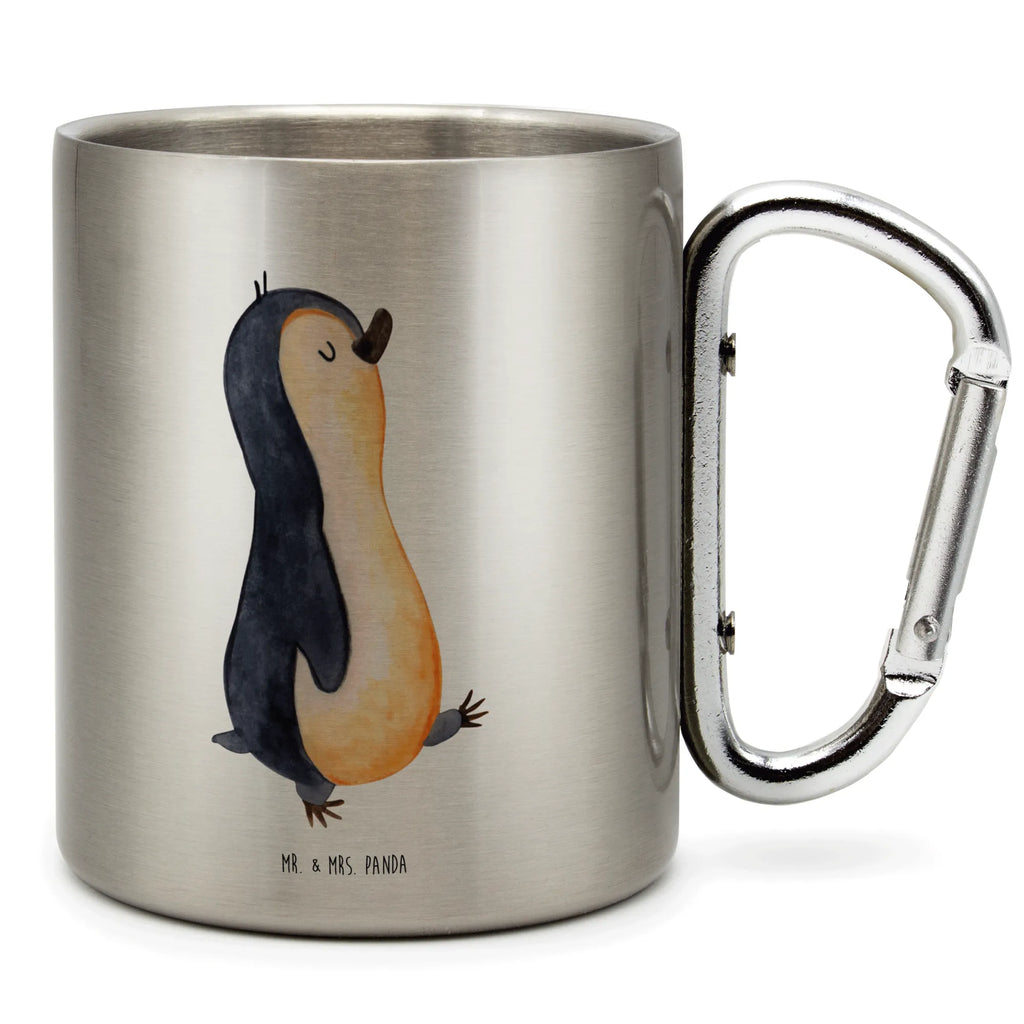 Edelstahlbecher Pinguin marschierend Edelstahltasse, Karabiner, Edelstahlbecher, Outdoor, Camping, Tasse, Becher, Pinguin, Pinguine, Frühaufsteher, Langschläfer, Bruder, Schwester, Familie