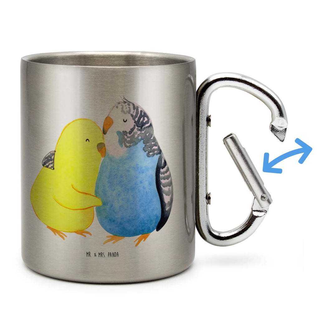 Edelstahlbecher Wellensittich Liebe Edelstahltasse, Karabiner, Edelstahlbecher, Outdoor, Camping, Tasse, Becher, Liebe, Partner, Freund, Freundin, Ehemann, Ehefrau, Heiraten, Verlobung, Heiratsantrag, Liebesgeschenk, Jahrestag, Hocheitstag, Vögel, Wellensittich, Nähe, Kuscheln, Vertrauen