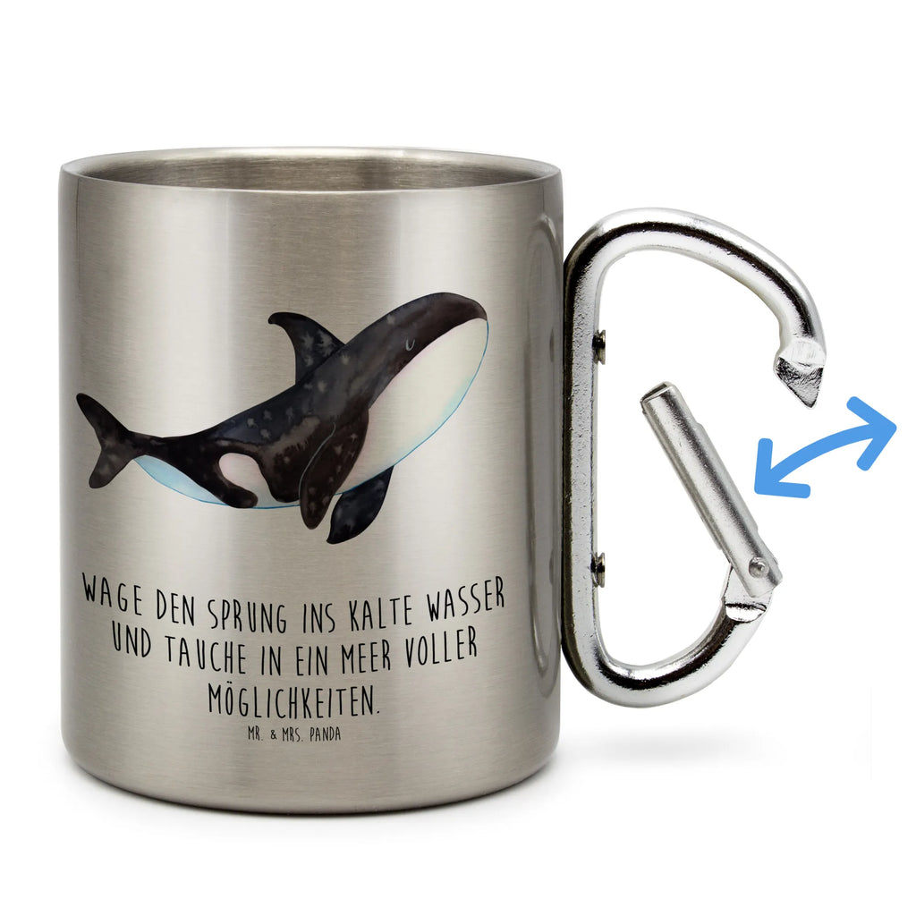 Edelstahlbecher Orca Edelstahltasse, Karabiner, Edelstahlbecher, Outdoor, Camping, Tasse, Becher, Meerestiere, Meer, Urlaub, Orca, Orcas, Killerwal, Wal, Möglichkeiten, Büro, Arbeit, Motivation, Selbstliebe, Neustart, Startup