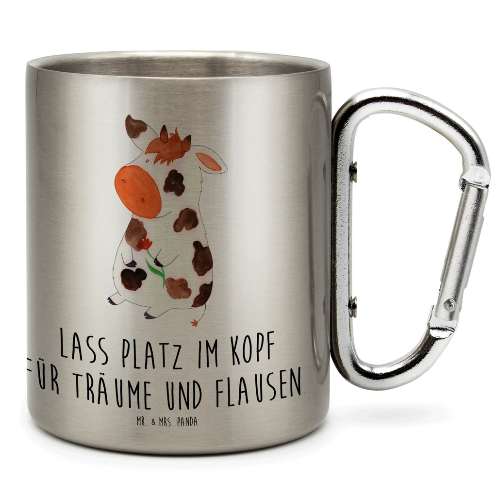 Edelstahlbecher Kuh Edelstahltasse, Karabiner, Edelstahlbecher, Outdoor, Camping, Tasse, Becher, Bauernhof, Hoftiere, Landwirt, Landwirtin, Kuh, Kühe, Träume, Flausen, Spruch, Magie, Motivtion, Hof, Milch, Milchkuh