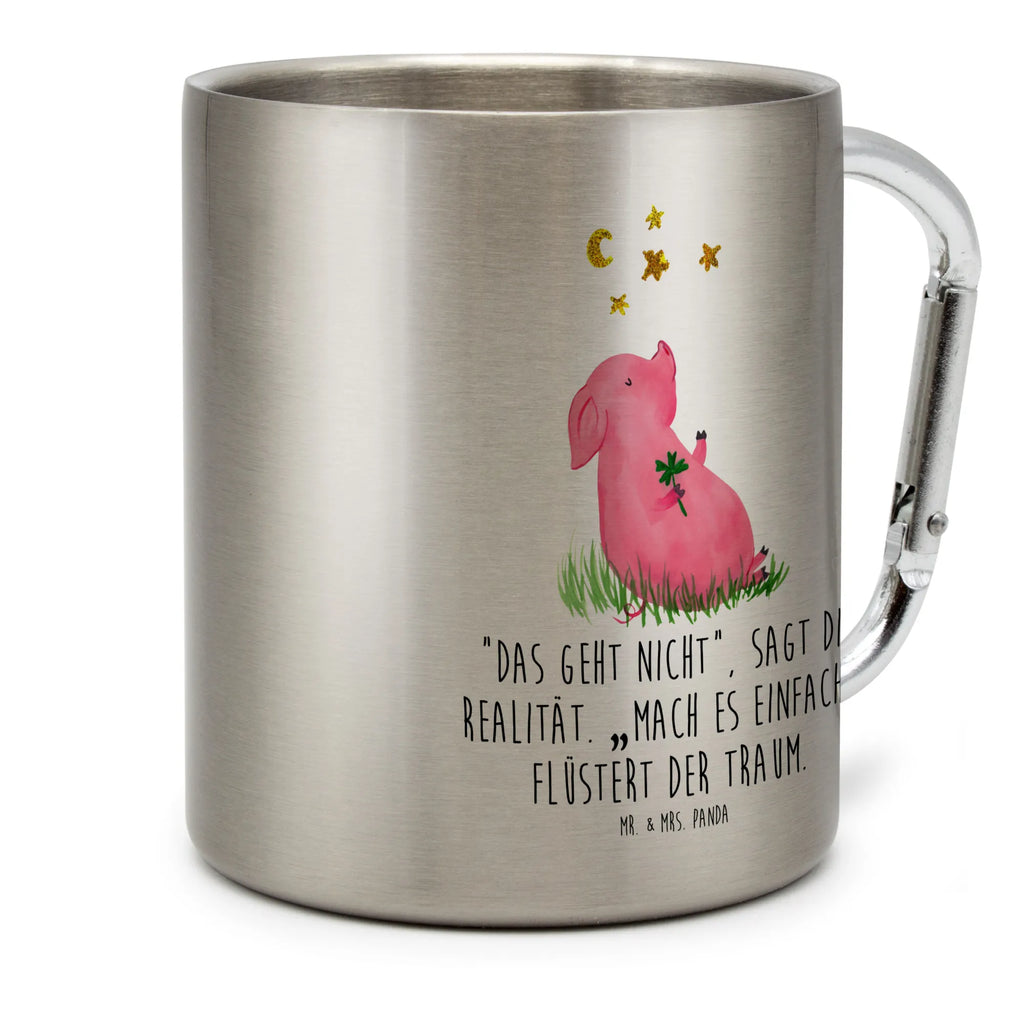 Edelstahlbecher Glücksschwein Edelstahltasse, Karabiner, Edelstahlbecher, Outdoor, Camping, Tasse, Becher, Tiermotive, Gute Laune, lustige Sprüche, Tiere, Glücksschwein. Glück, Schwein, Schweinchen, Sterne, Sernchen, Ziele, Träume, Motivation, Glücksbringer