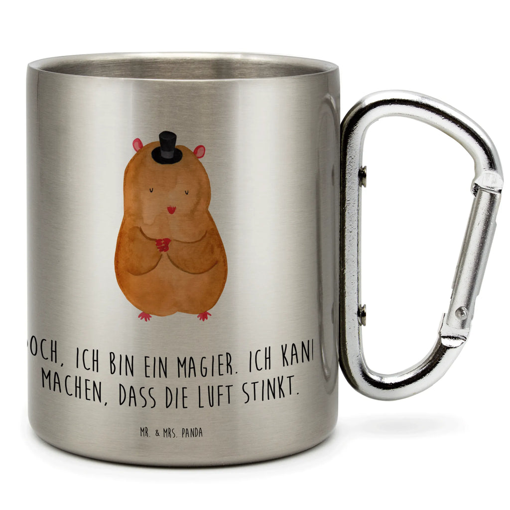 Edelstahlbecher Hamster mit Hut Edelstahltasse, Karabiner, Edelstahlbecher, Outdoor, Camping, Tasse, Becher, Tiermotive, Gute Laune, lustige Sprüche, Tiere, Hamster, Hut, Magier, Zylinder, Zwerghamster, Zauberer