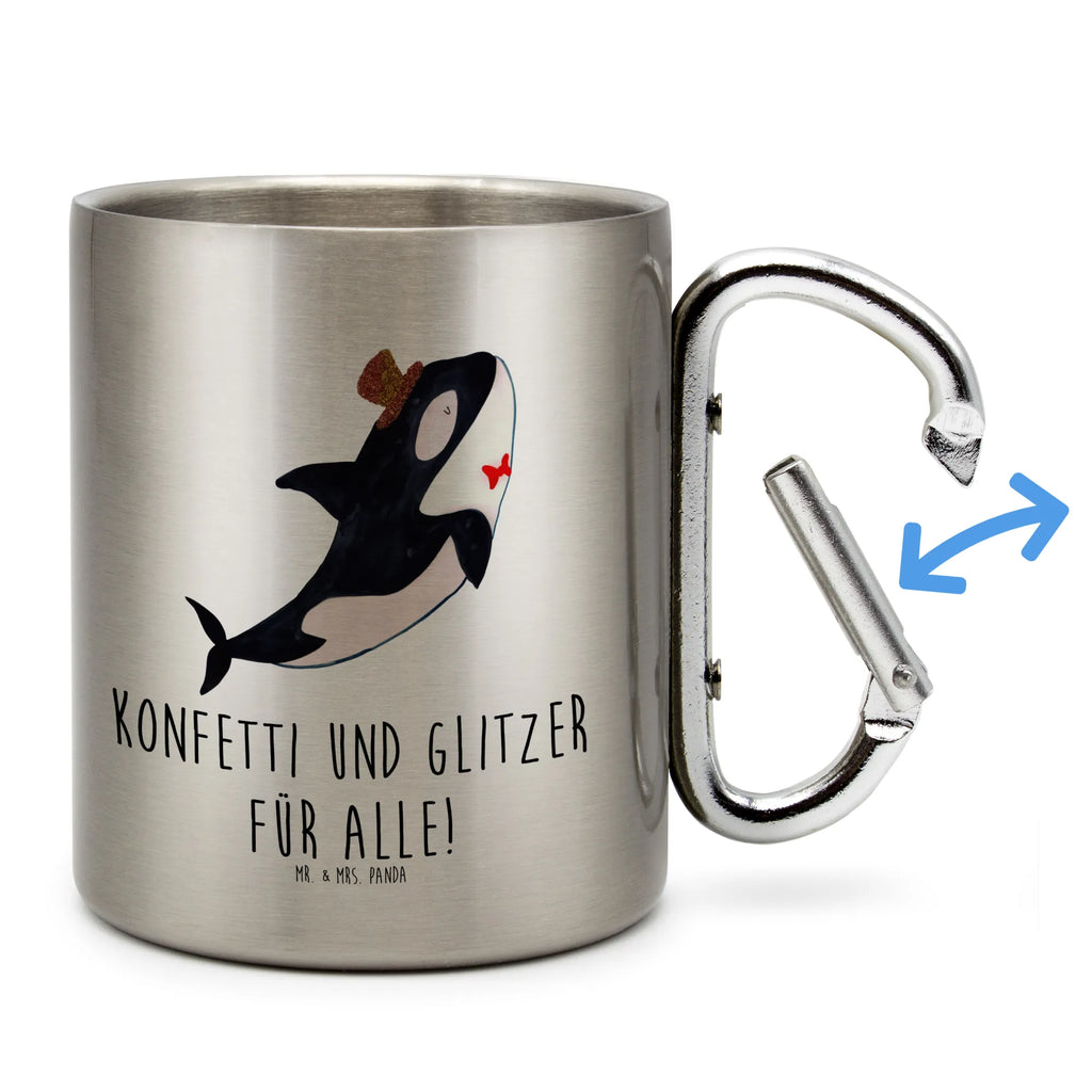 Edelstahlbecher Orca Zylinder Edelstahltasse, Karabiner, Edelstahlbecher, Outdoor, Camping, Tasse, Becher, Meerestiere, Meer, Urlaub, Narwal, Glitter, Konfetti, Glitzer, Geburtstag, Feier, Fete, Fest, Glückwunsch, Orca