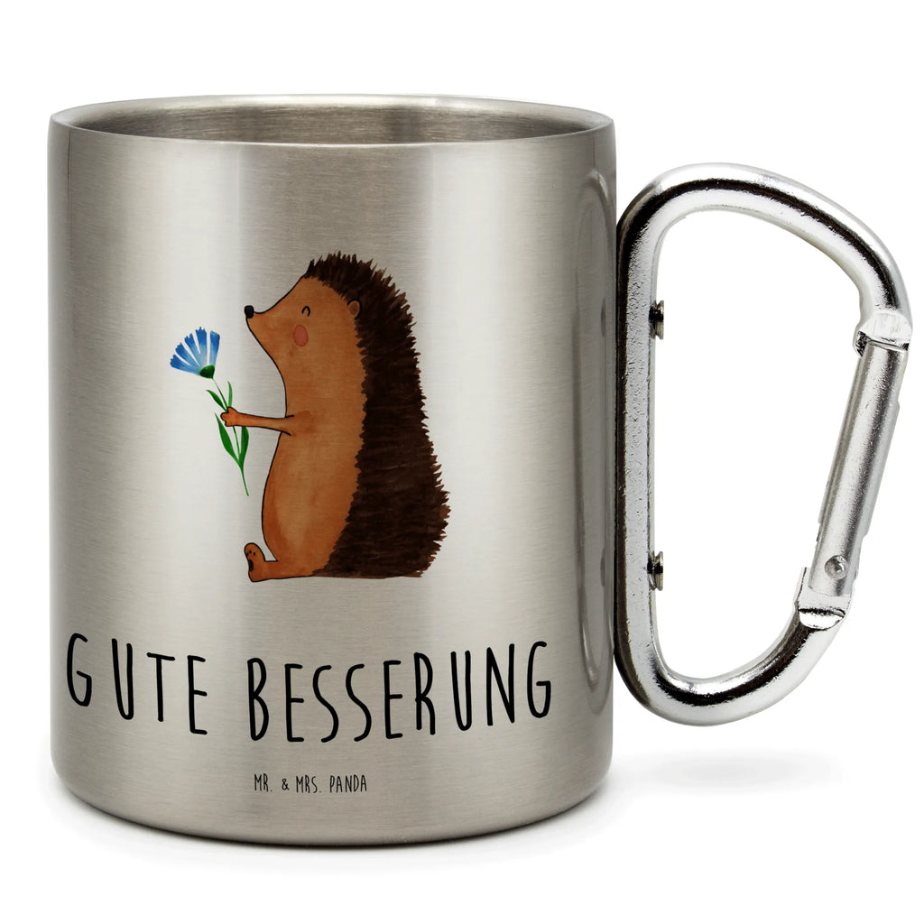 Edelstahlbecher Igel mit Blume Edelstahltasse, Karabiner, Edelstahlbecher, Outdoor, Camping, Tasse, Becher, Tiermotive, Gute Laune, lustige Sprüche, Tiere, Igel, Gute Besserung, Genesungswünsche, Krankheit, Krankenhaus, krank, Besuch