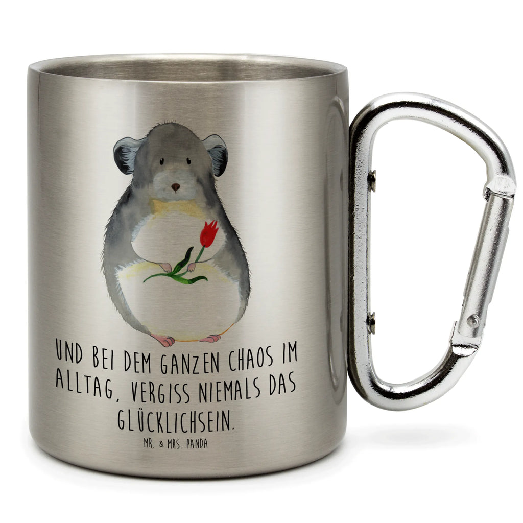 Edelstahlbecher Chinchilla mit Blume Edelstahltasse, Karabiner, Edelstahlbecher, Outdoor, Camping, Tasse, Becher, Tiermotive, Gute Laune, lustige Sprüche, Tiere, Chinchilla, Chinchillas, Liebeskummer, Kummer, Depressionen, traurig sein, Chaos, Glücklichsein, Büro, Büroalltag