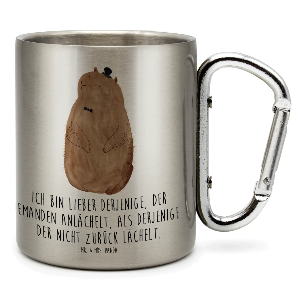 Edelstahlbecher Murmeltier Edelstahltasse, Karabiner, Edelstahlbecher, Outdoor, Camping, Tasse, Becher, Tiermotive, Gute Laune, lustige Sprüche, Tiere, Murmeltier, Knigge, Fröhlichkeit, Freundlichkeit, Respekt, Anstand