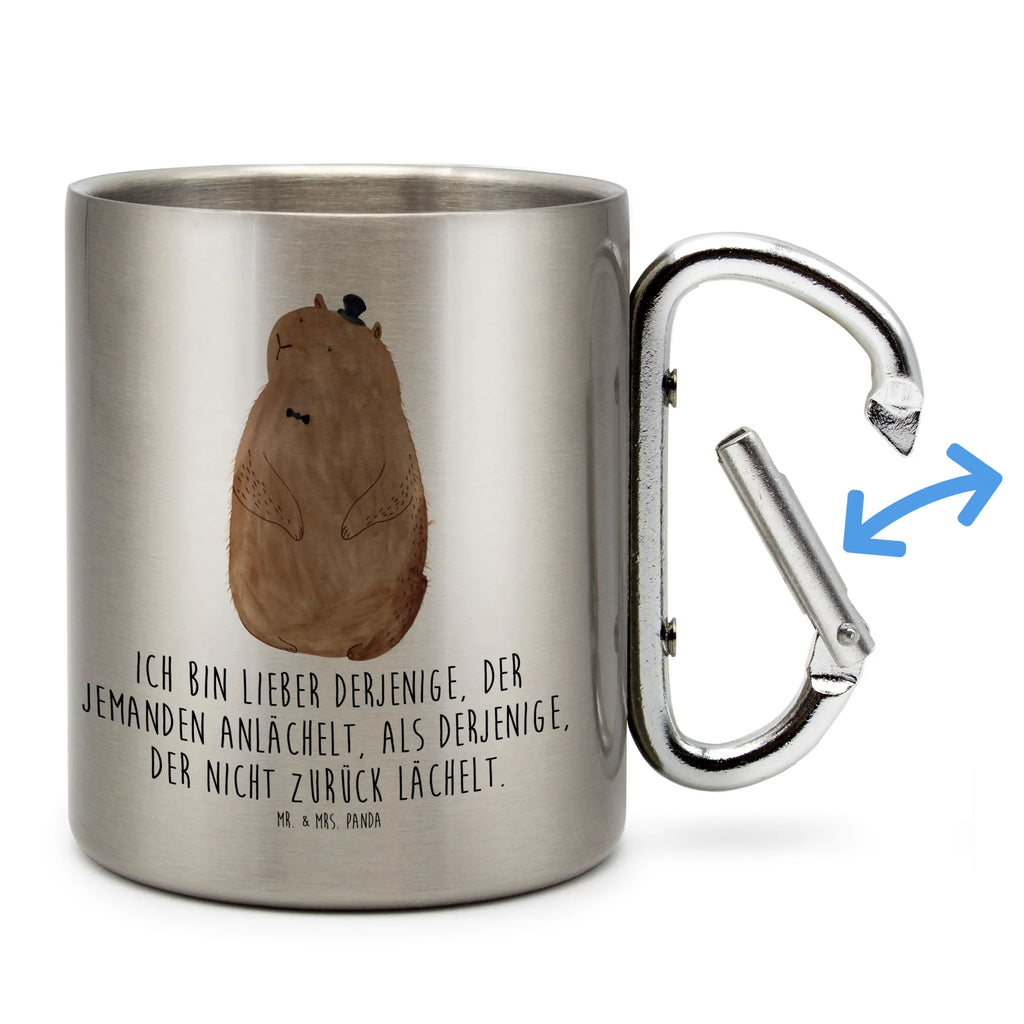 Edelstahlbecher Murmeltier Edelstahltasse, Karabiner, Edelstahlbecher, Outdoor, Camping, Tasse, Becher, Tiermotive, Gute Laune, lustige Sprüche, Tiere, Murmeltier, Knigge, Fröhlichkeit, Freundlichkeit, Respekt, Anstand