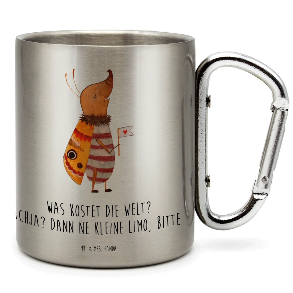 Edelstahlbecher Nachtfalter mit Fähnchen Edelstahltasse, Karabiner, Edelstahlbecher, Outdoor, Camping, Tasse, Becher, Tiermotive, Gute Laune, lustige Sprüche, Tiere, Nachtfalter, Käfer, Spruch lustig, Spruch witzig, süß, niedlich, Küche Deko, Was kostet die Welt