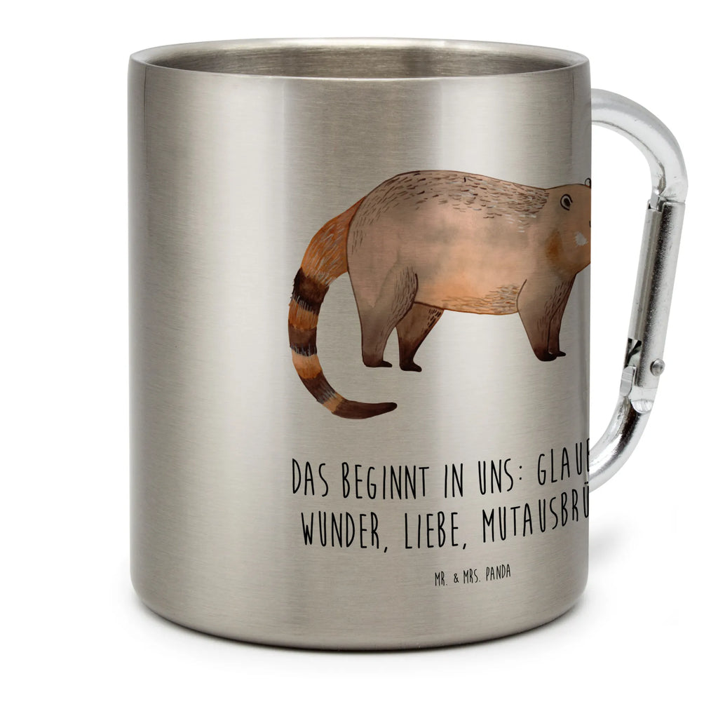 Edelstahlbecher Nasenbär Edelstahltasse, Karabiner, Edelstahlbecher, Outdoor, Camping, Tasse, Becher, Tiermotive, Gute Laune, lustige Sprüche, Tiere, Nasenbär, Nasenbären, Rüsselbär, Bär