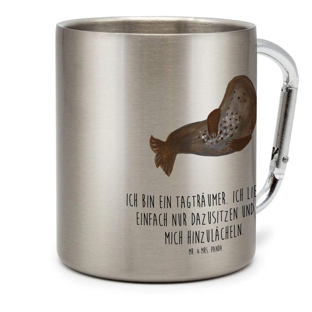 Edelstahlbecher Robbe lachend Edelstahltasse, Karabiner, Edelstahlbecher, Outdoor, Camping, Tasse, Becher, Tiermotive, Gute Laune, lustige Sprüche, Tiere, Robbe, Robben, Seehund, Strand, Meerestier, Ostsee, Nordsee