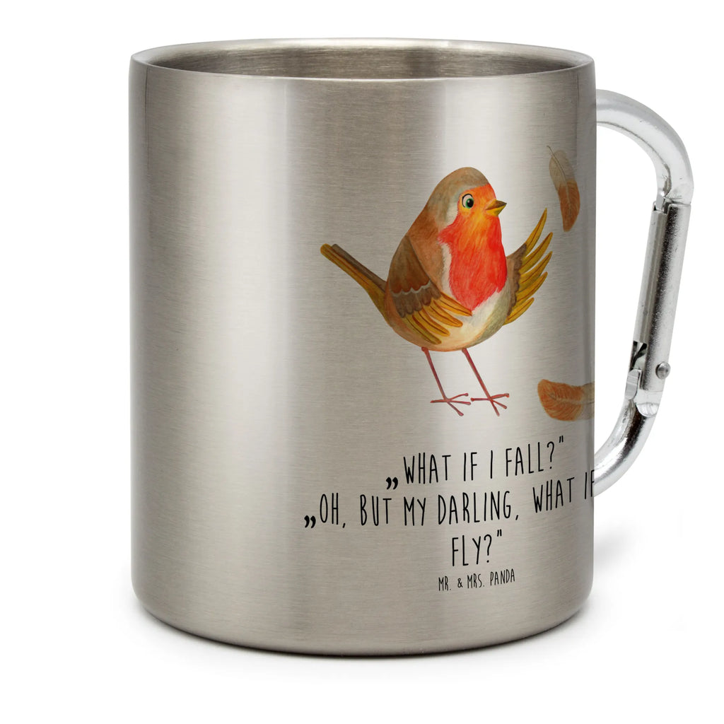 Edelstahlbecher Rotkehlchen mit Federn Edelstahltasse, Karabiner, Edelstahlbecher, Outdoor, Camping, Tasse, Becher, Tiermotive, Gute Laune, lustige Sprüche, Tiere, What if i fall, Rotkehlchen, Spruch Motivation, Spruch Mut, Vogel, Motivation Sprüche, Motivationsbilder, fliegen