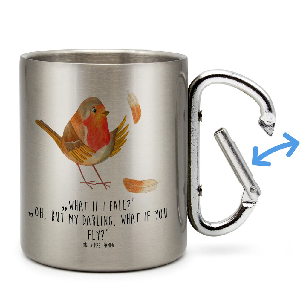 Edelstahlbecher Rotkehlchen mit Federn Edelstahltasse, Karabiner, Edelstahlbecher, Outdoor, Camping, Tasse, Becher, Tiermotive, Gute Laune, lustige Sprüche, Tiere, What if i fall, Rotkehlchen, Spruch Motivation, Spruch Mut, Vogel, Motivation Sprüche, Motivationsbilder, fliegen