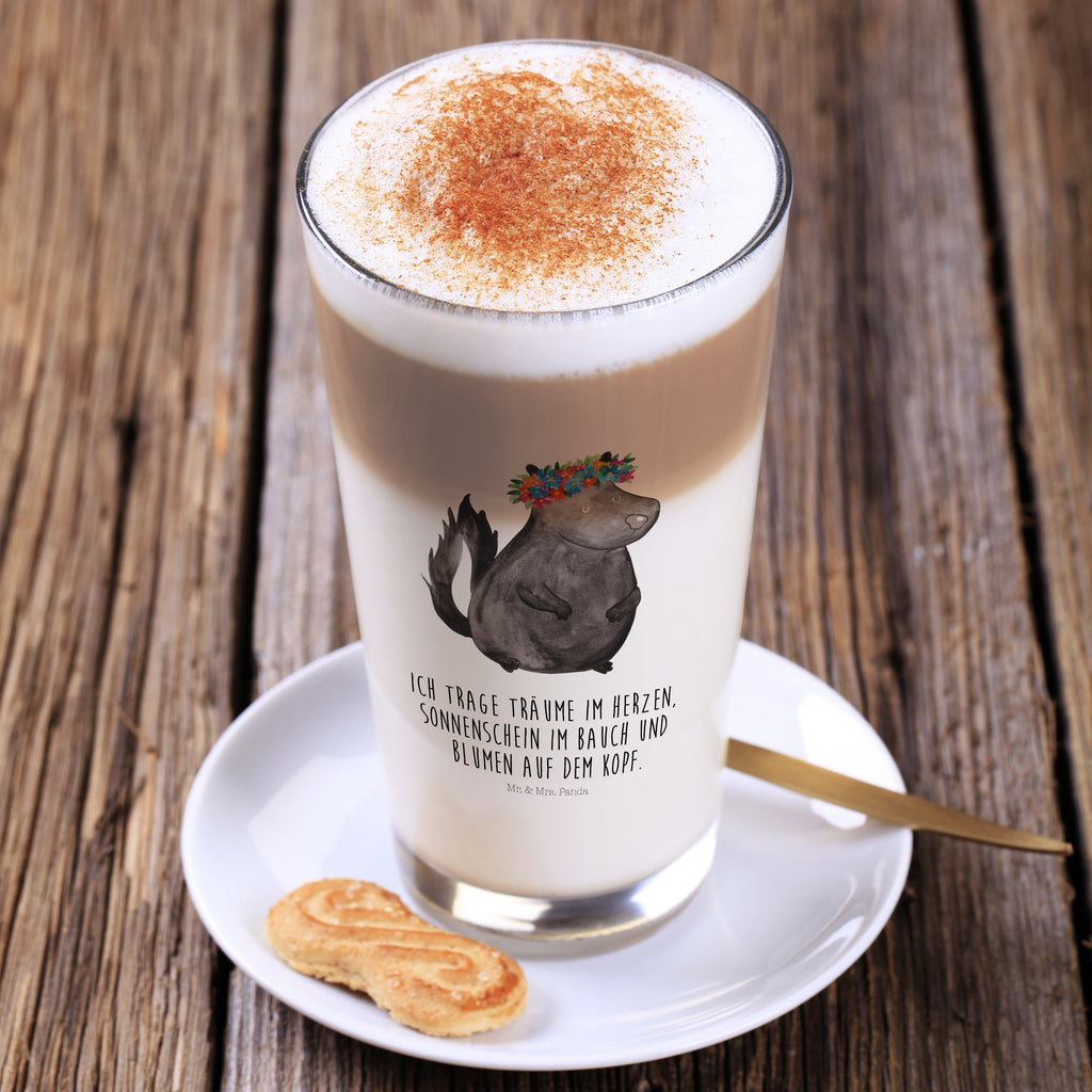 Glas Stinktier Blumenmaedchen Cappuccino Glas, Glas, Cappuccino Tasse, Latte Macchiato, Stinktier, Skunk, Wildtier, Raubtier, Stinker, Stinki, Yoga, Namaste, Lebe, Liebe, Lache