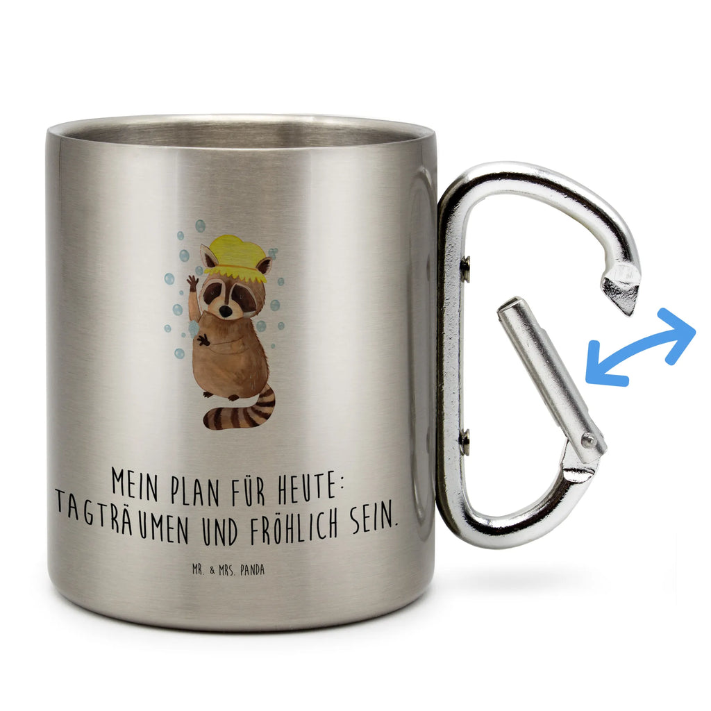 Edelstahlbecher Waschbär Edelstahltasse, Karabiner, Edelstahlbecher, Outdoor, Camping, Tasse, Becher, Tiermotive, Gute Laune, lustige Sprüche, Tiere, Waschbär, Tagträumen, Plan, Fröhlich, waschen, Seifenblasen