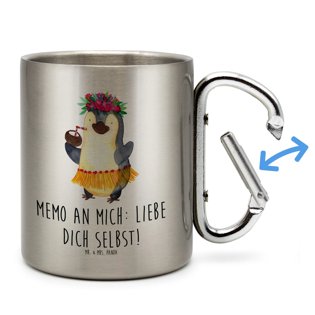 Edelstahlbecher Pinguin Kokosnuss Edelstahltasse, Karabiner, Edelstahlbecher, Outdoor, Camping, Tasse, Becher, Pinguin, Aloha, Hawaii, Urlaub, Kokosnuss, Pinguine