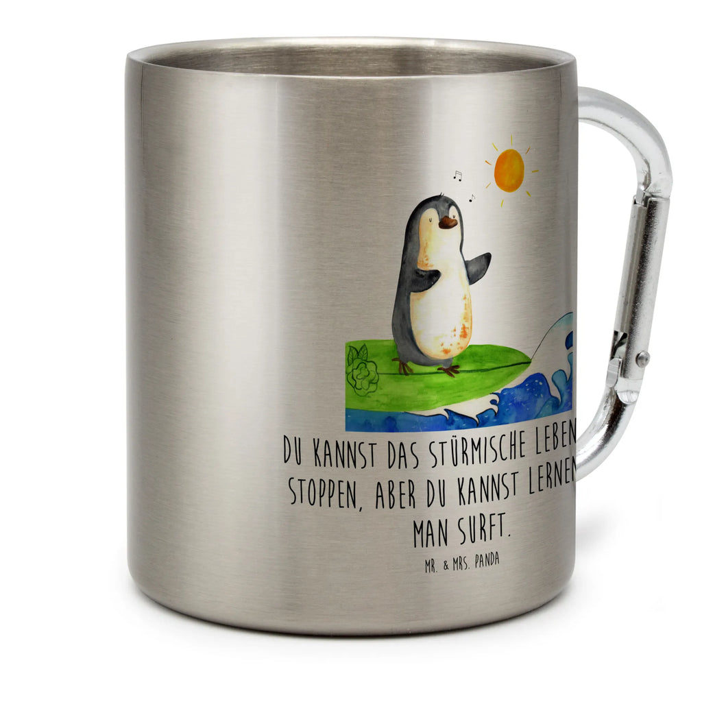 Edelstahlbecher Pinguin Surfer Edelstahltasse, Karabiner, Edelstahlbecher, Outdoor, Camping, Tasse, Becher, Pinguin, Pinguine, surfen, Surfer, Hawaii, Urlaub, Wellen, Wellen reiten, Portugal