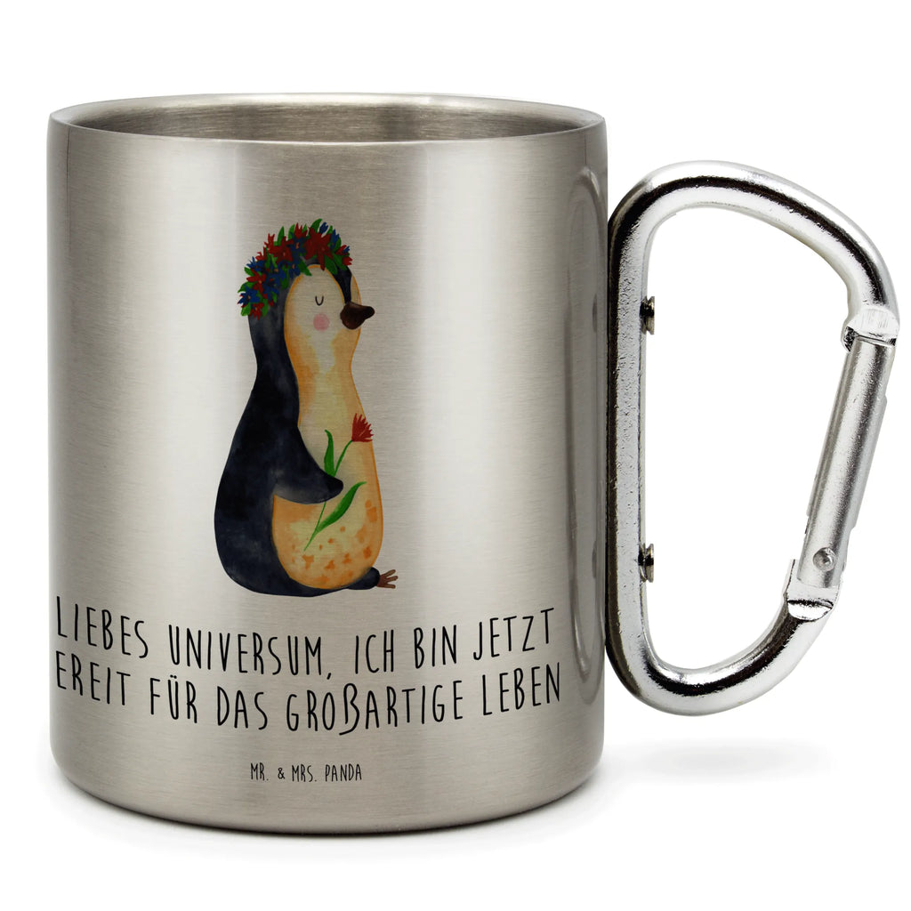 Edelstahlbecher Pinguin Blumenkranz Edelstahltasse, Karabiner, Edelstahlbecher, Outdoor, Camping, Tasse, Becher, Pinguin, Pinguine, Blumenkranz, Universum, Leben, Wünsche, Ziele, Lebensziele, Motivation, Lebenslust, Liebeskummer, Geschenkidee