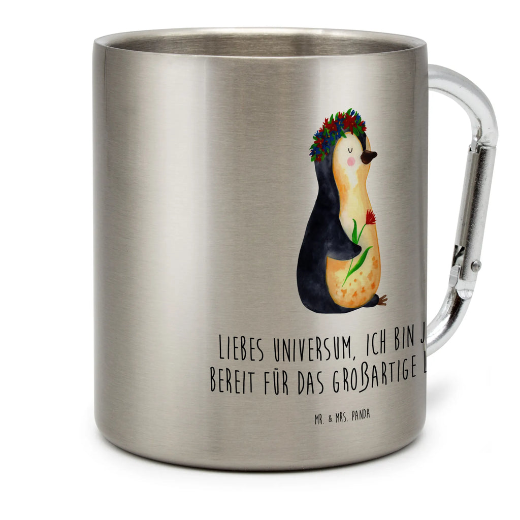 Edelstahlbecher Pinguin Blumenkranz Edelstahltasse, Karabiner, Edelstahlbecher, Outdoor, Camping, Tasse, Becher, Pinguin, Pinguine, Blumenkranz, Universum, Leben, Wünsche, Ziele, Lebensziele, Motivation, Lebenslust, Liebeskummer, Geschenkidee